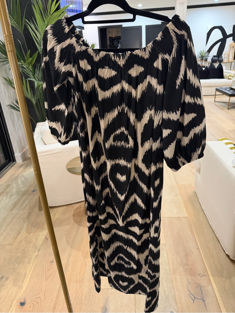 H&M Black and Cream Abstract Off-Shoulder Dress